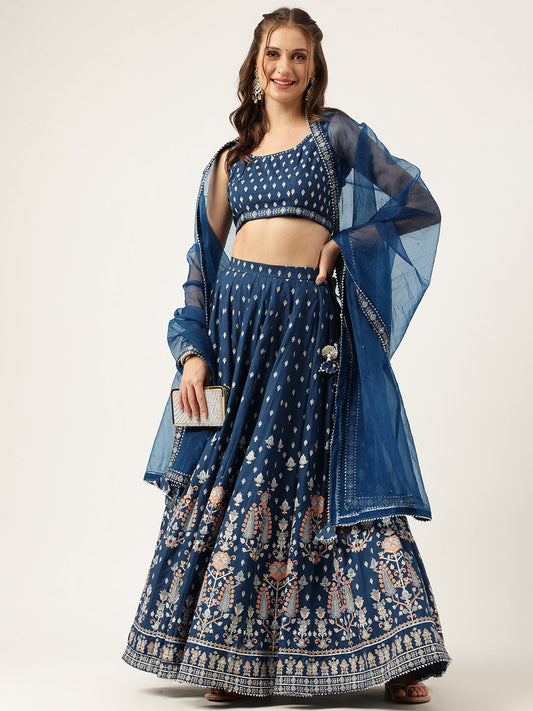 Blue Rayon Flared Lehenga Choli Set with Organza Dupatta