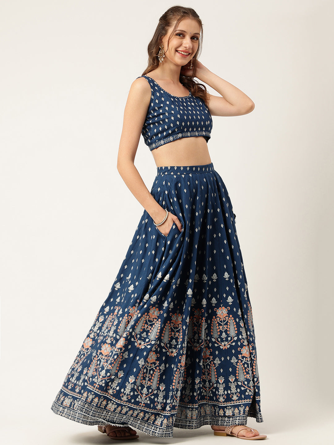 Blue Rayon Flared Lehenga Choli Set with Organza Dupatta