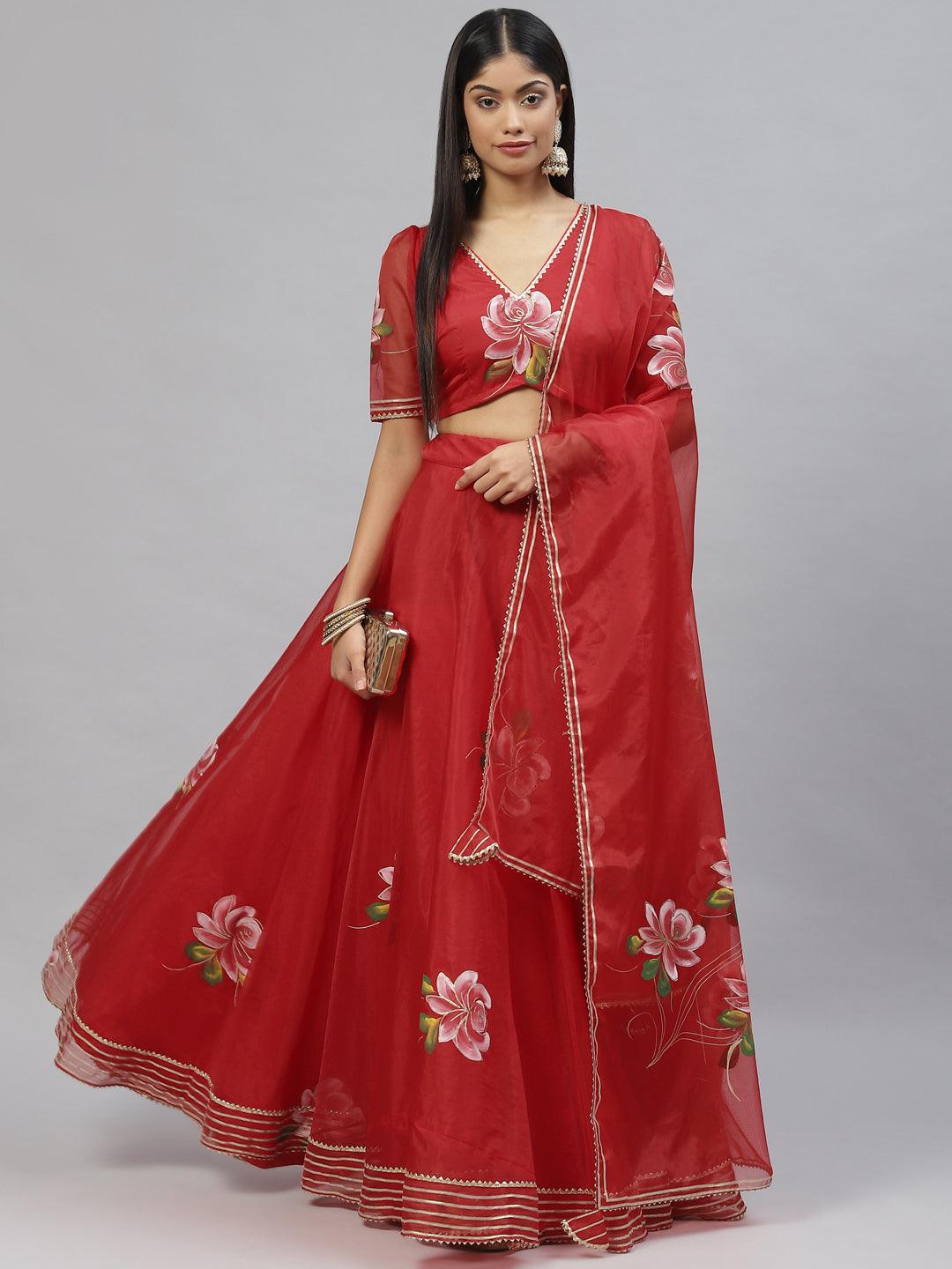 Divena Red Hand Painted Organza Flared Lehenga Choli Set with Organza Dupatta - divena world-Mohi