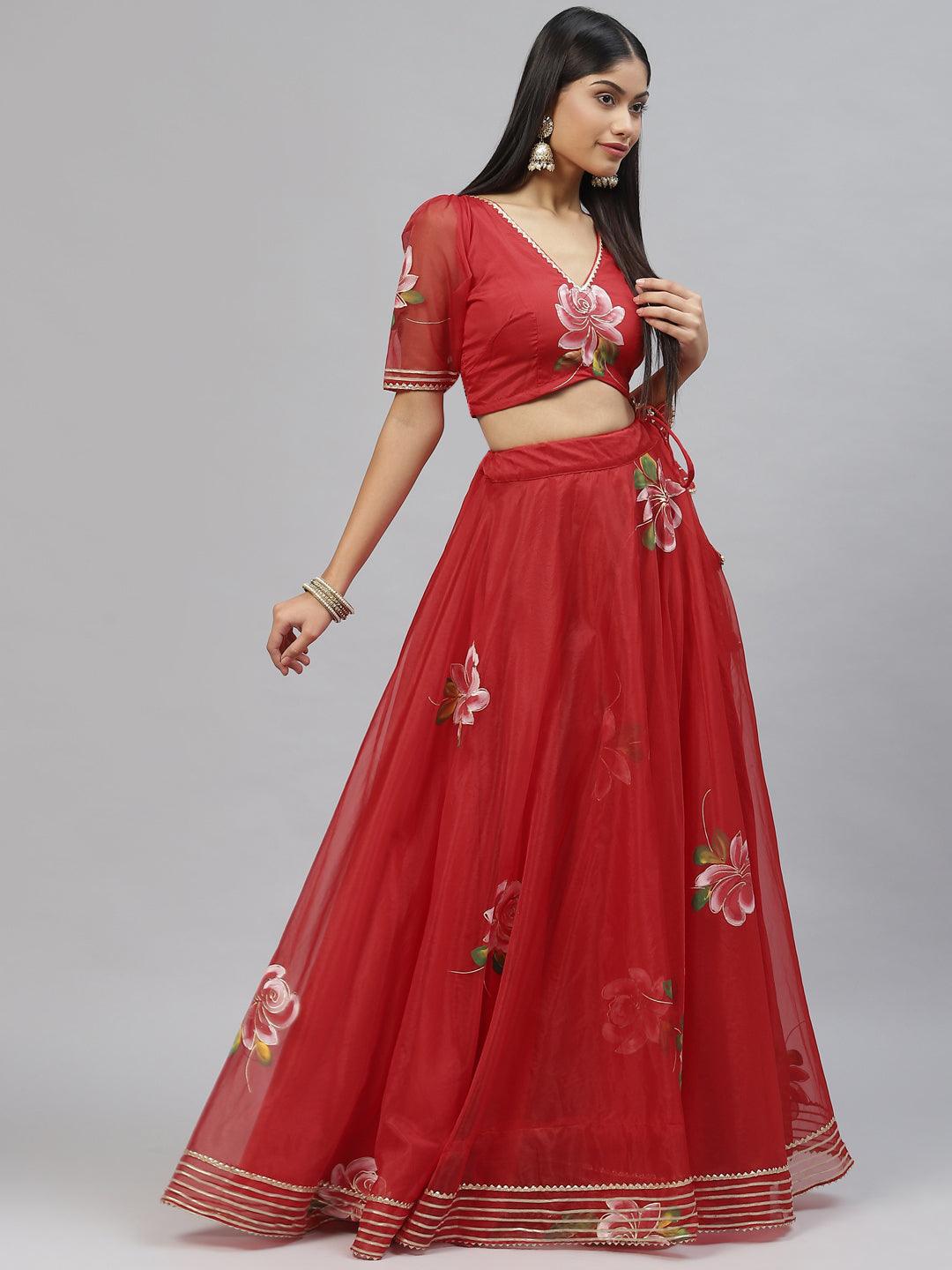 Divena Red Hand Painted Organza Flared Lehenga Choli Set with Organza Dupatta - divena world-Mohi