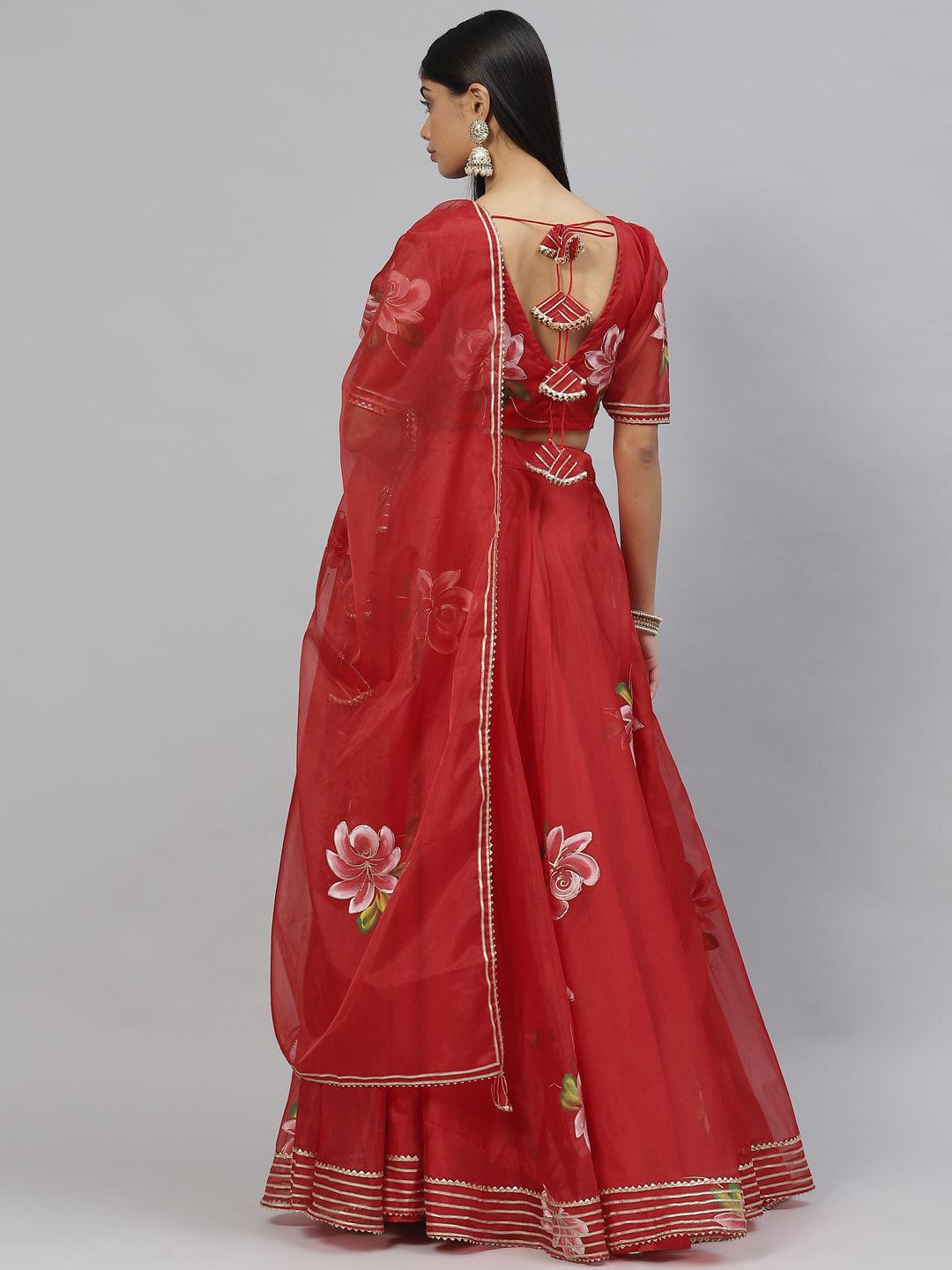 Divena Red Hand Painted Organza Flared Lehenga Choli Set with Organza Dupatta - divena world-Mohi