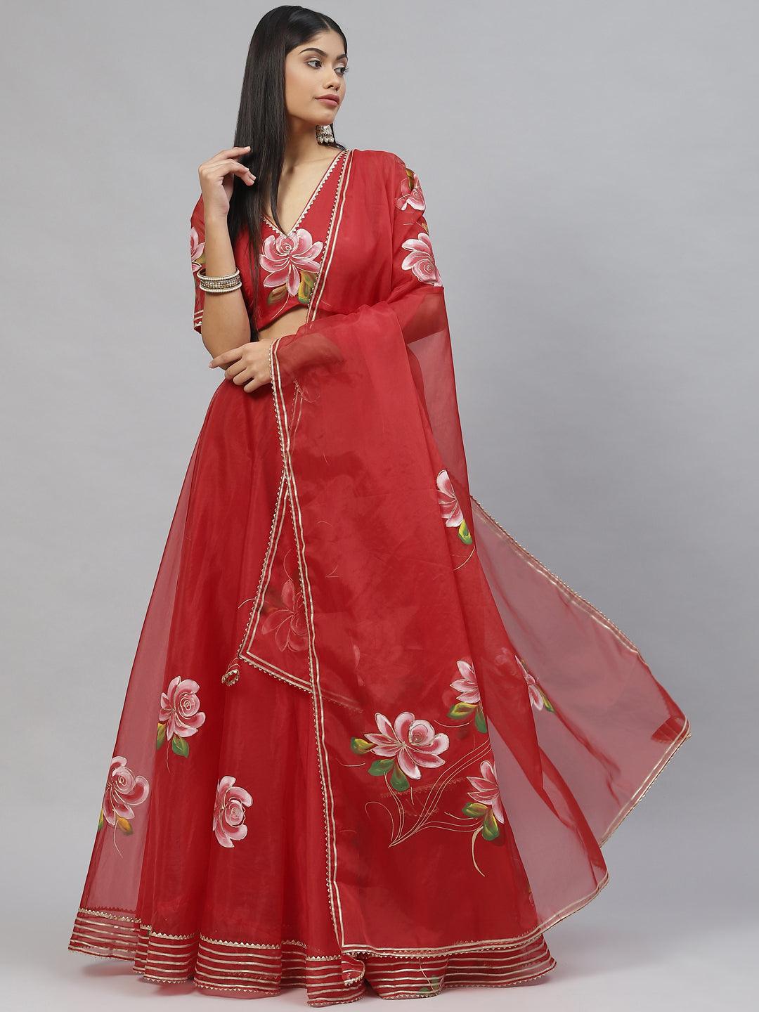 Divena Red Hand Painted Organza Flared Lehenga Choli Set with Organza Dupatta - divena world-Mohi