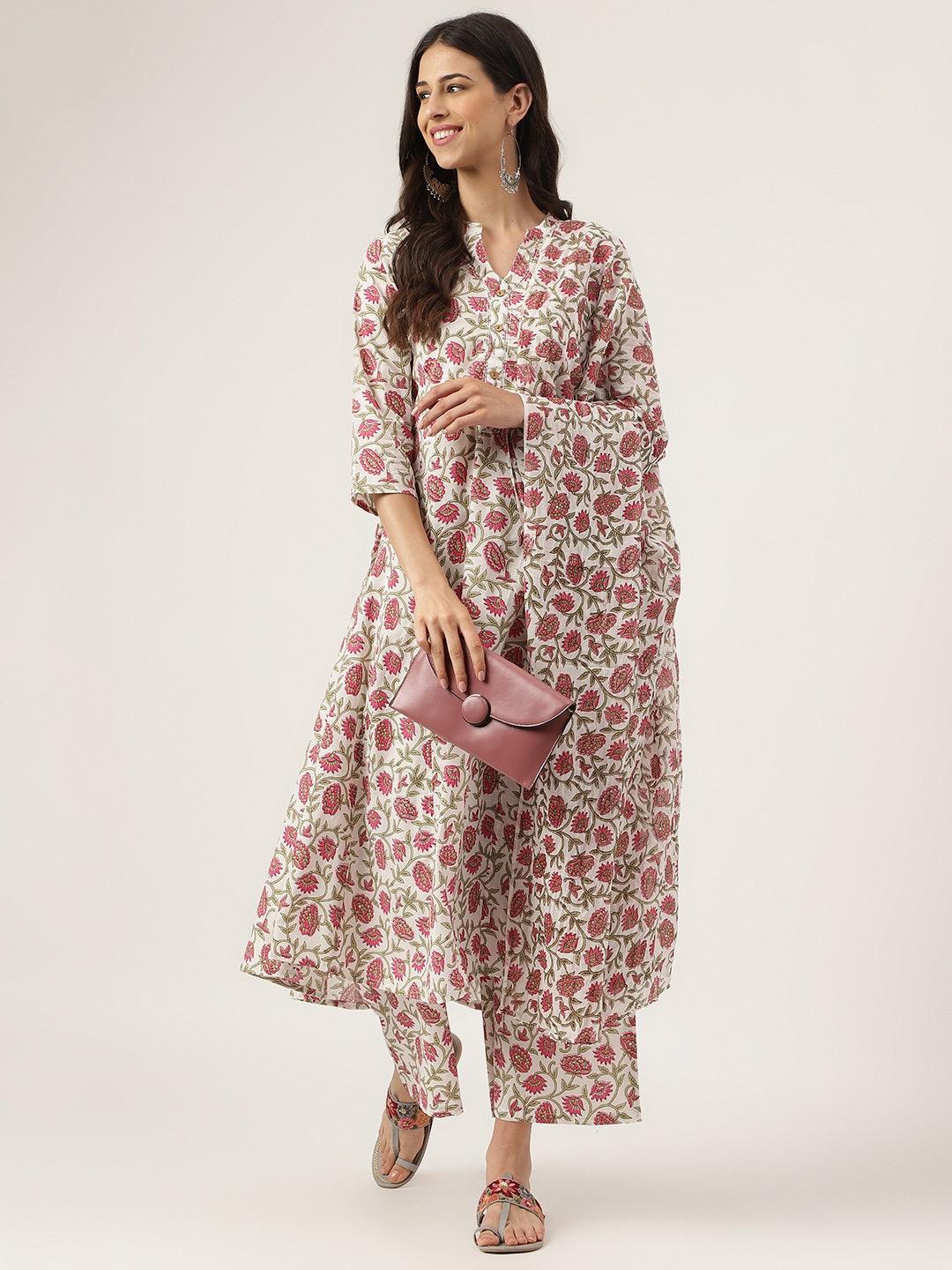 Divena White Floral Printed Anarkali Kurta Palazoo Sets - divena world-Mohi