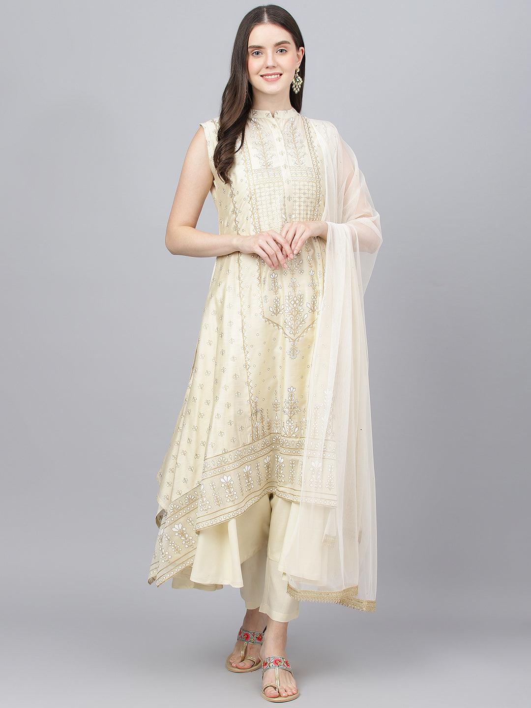 Divena Cream Chanderi kurta Pant Set with Net Dupatta - divena world-Mohi