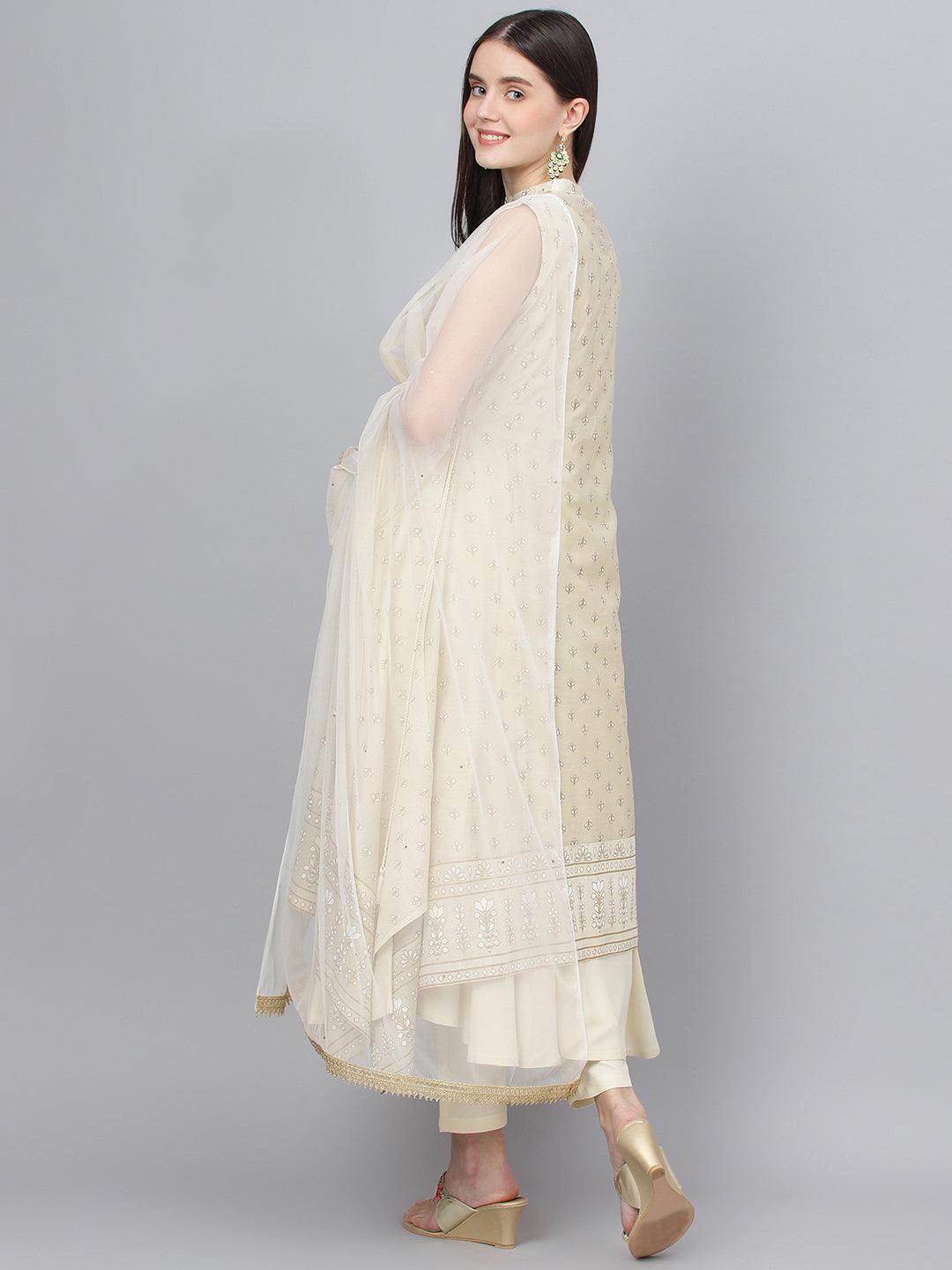 Divena Cream Chanderi kurta Pant Set with Net Dupatta - divena world-Mohi