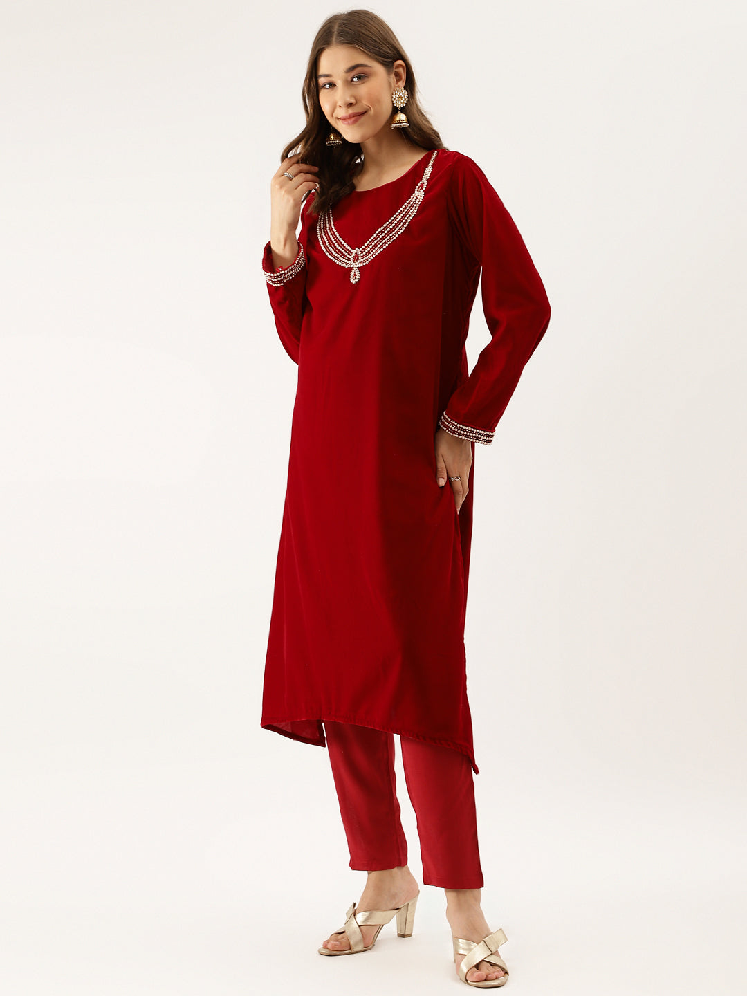 Maroon Plain Velvet Bead work Embroidered Kurta Set with Organza Dupatta