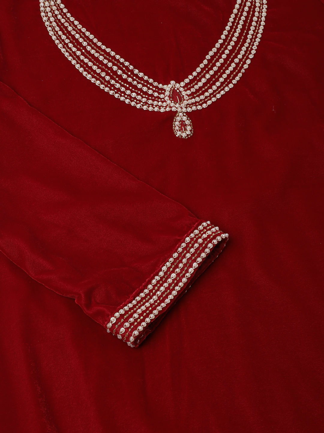 Maroon Plain Velvet Bead work Embroidered Kurta Set with Organza Dupatta