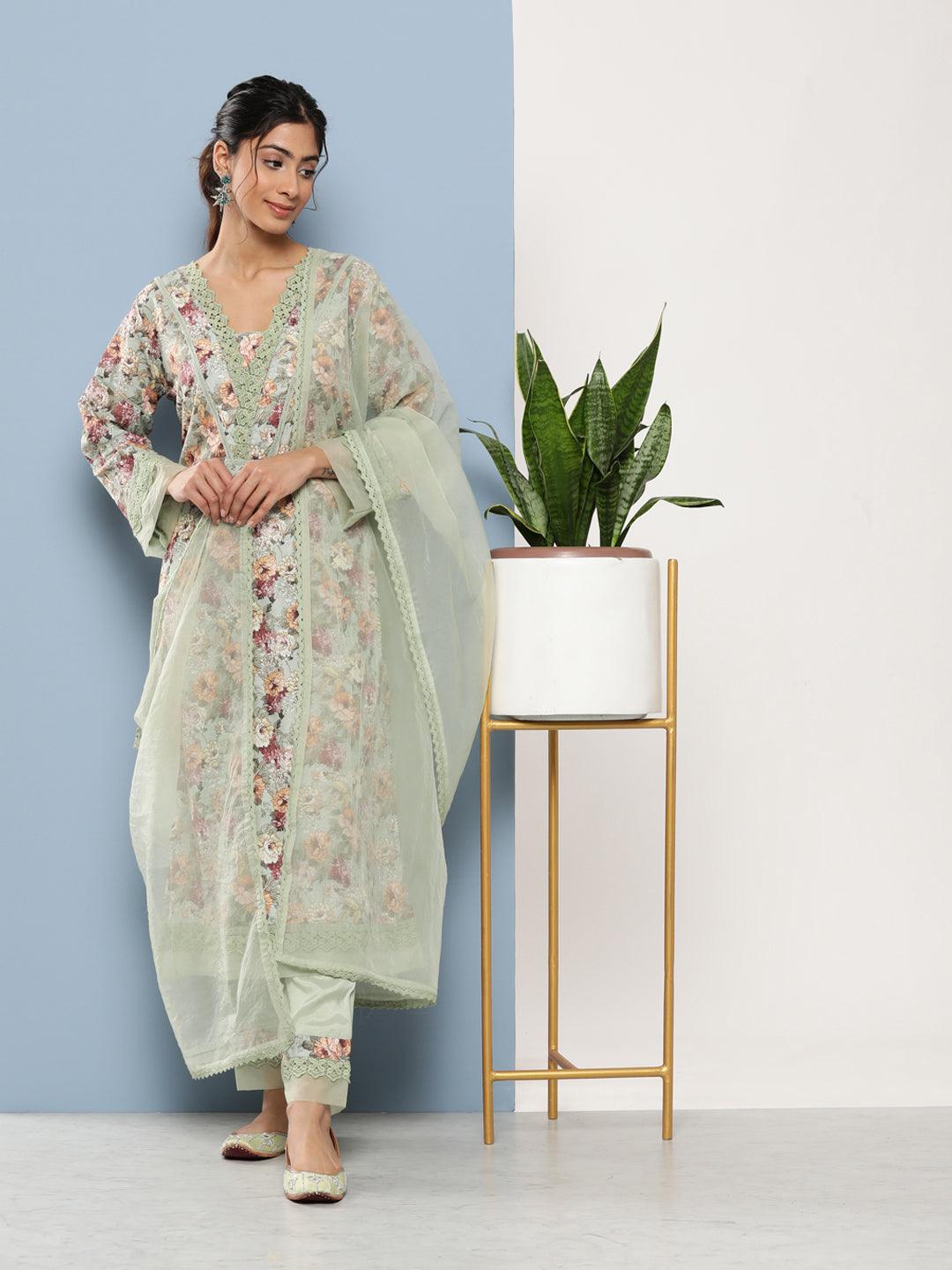 Divena Poly Chanderi Floral Printed Kurta Pant Set with Organza Dupatta - divena world-Mohi