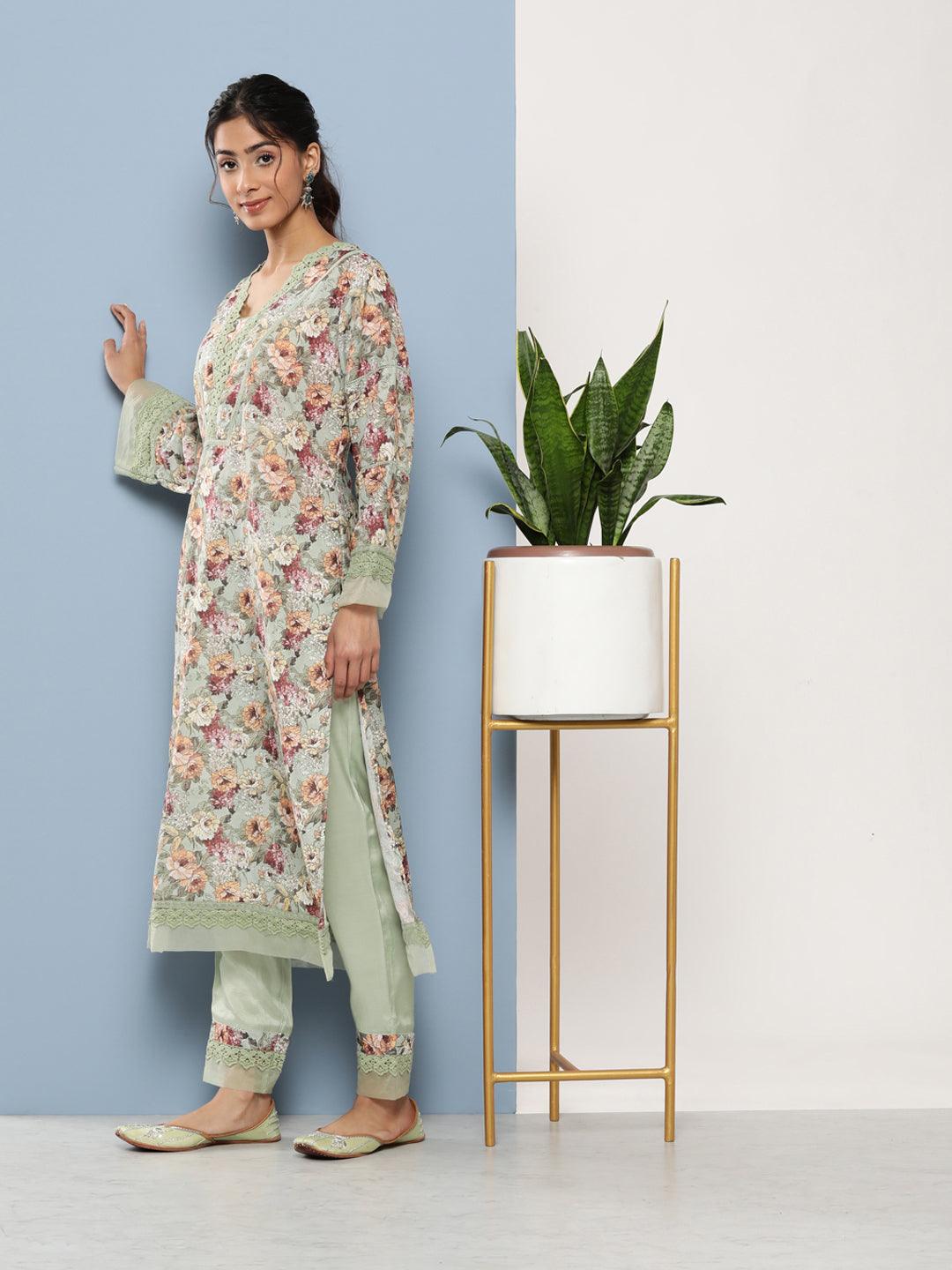 Divena Poly Chanderi Floral Printed Kurta Pant Set with Organza Dupatta - divena world-Mohi