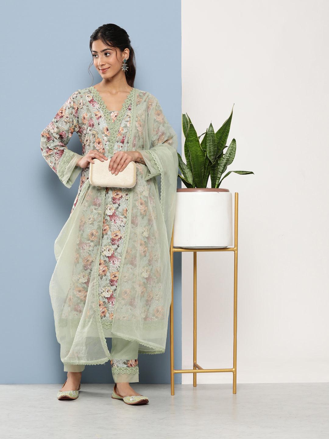 Divena Poly Chanderi Floral Printed Kurta Pant Set with Organza Dupatta - divena world-Mohi