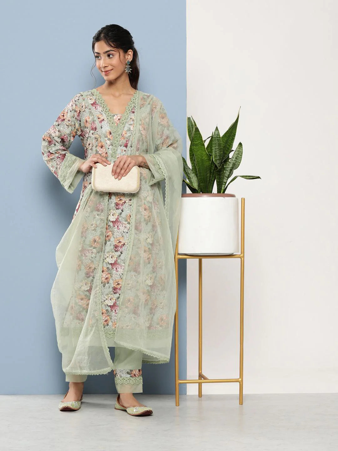 Poly Green Chanderi Floral Printed Kurta Pant Set