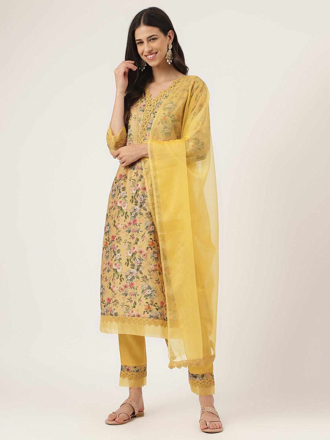 Divena Poly Chanderi Floral Printed Kurta Pant Set with Organza Dupatta - divena world-Mohi