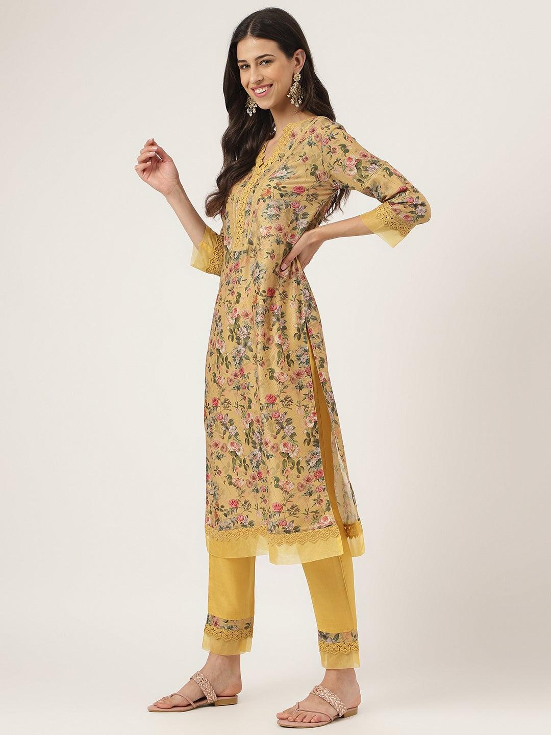 Divena Poly Chanderi Floral Printed Kurta Pant Set with Organza Dupatta - divena world-Mohi