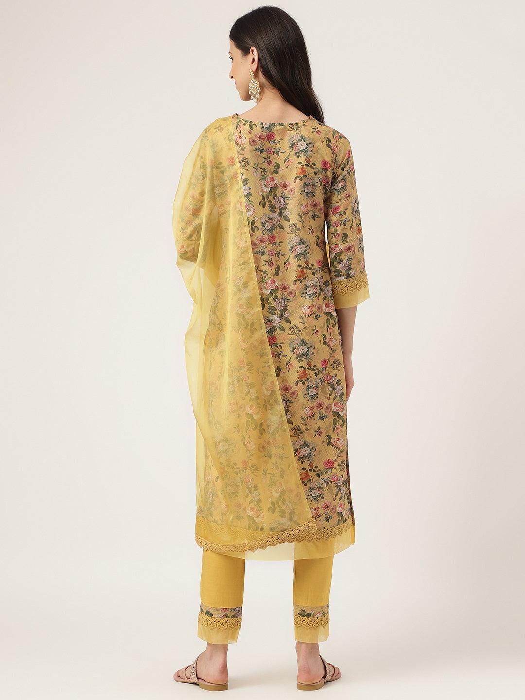 Divena Poly Chanderi Floral Printed Kurta Pant Set with Organza Dupatta - divena world-Mohi