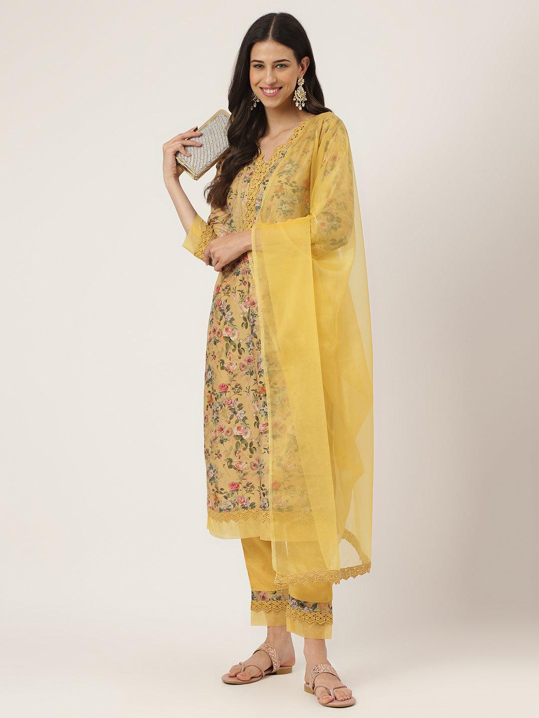 Divena Poly Chanderi Floral Printed Kurta Pant Set with Organza Dupatta - divena world-Mohi