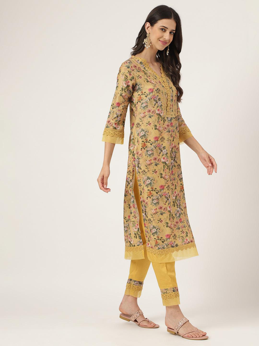 Divena Poly Chanderi Floral Printed Kurta Pant Set with Organza Dupatta - divena world-Mohi