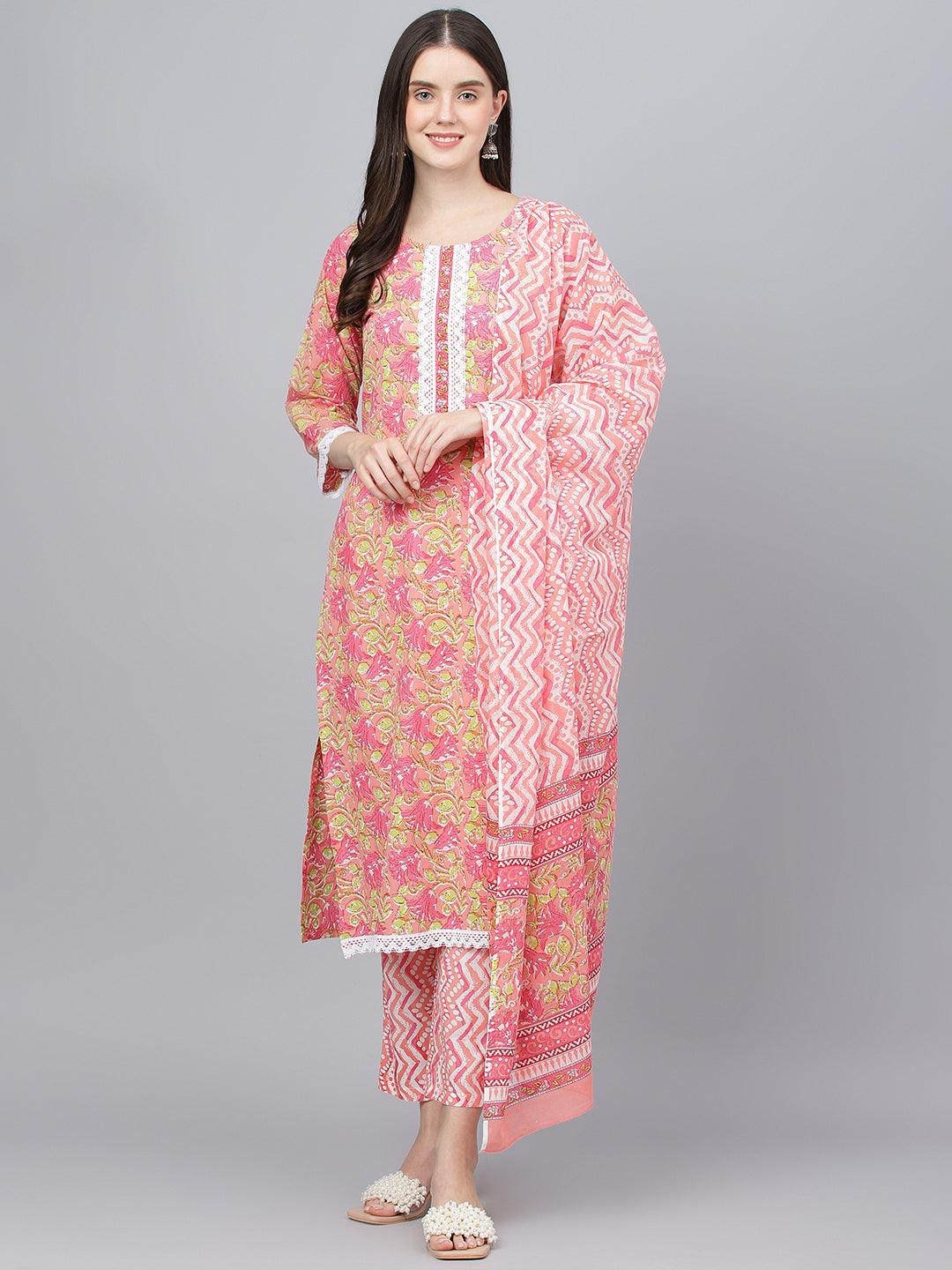 Divena Peach Floral Printed Kurta Pant set With Dupatta - divena world-Mohi