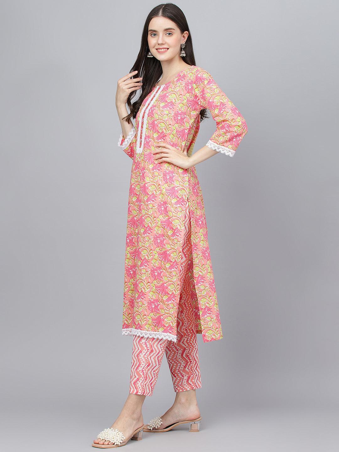 Divena Peach Floral Printed Kurta Pant set With Dupatta - divena world-Mohi