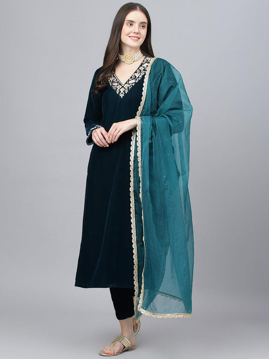 Divena Teal Green Velvet hand work Kurta pant With Organza Dupatta set - divena world-Mohi