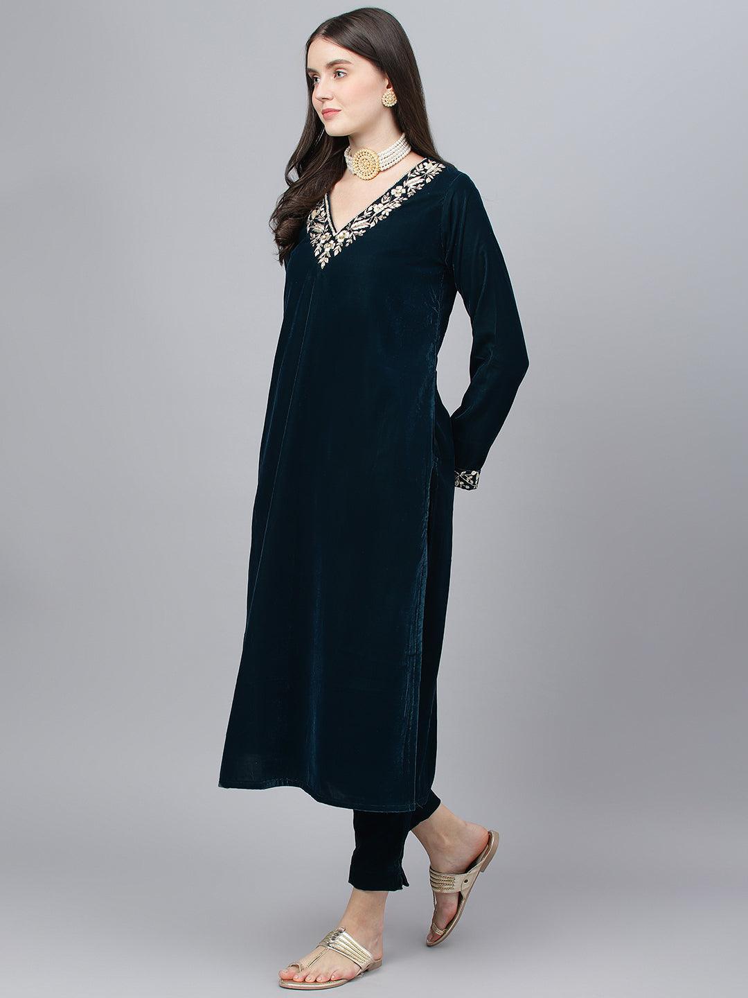 Divena Teal Green Velvet hand work Kurta pant With Organza Dupatta set - divena world-Mohi