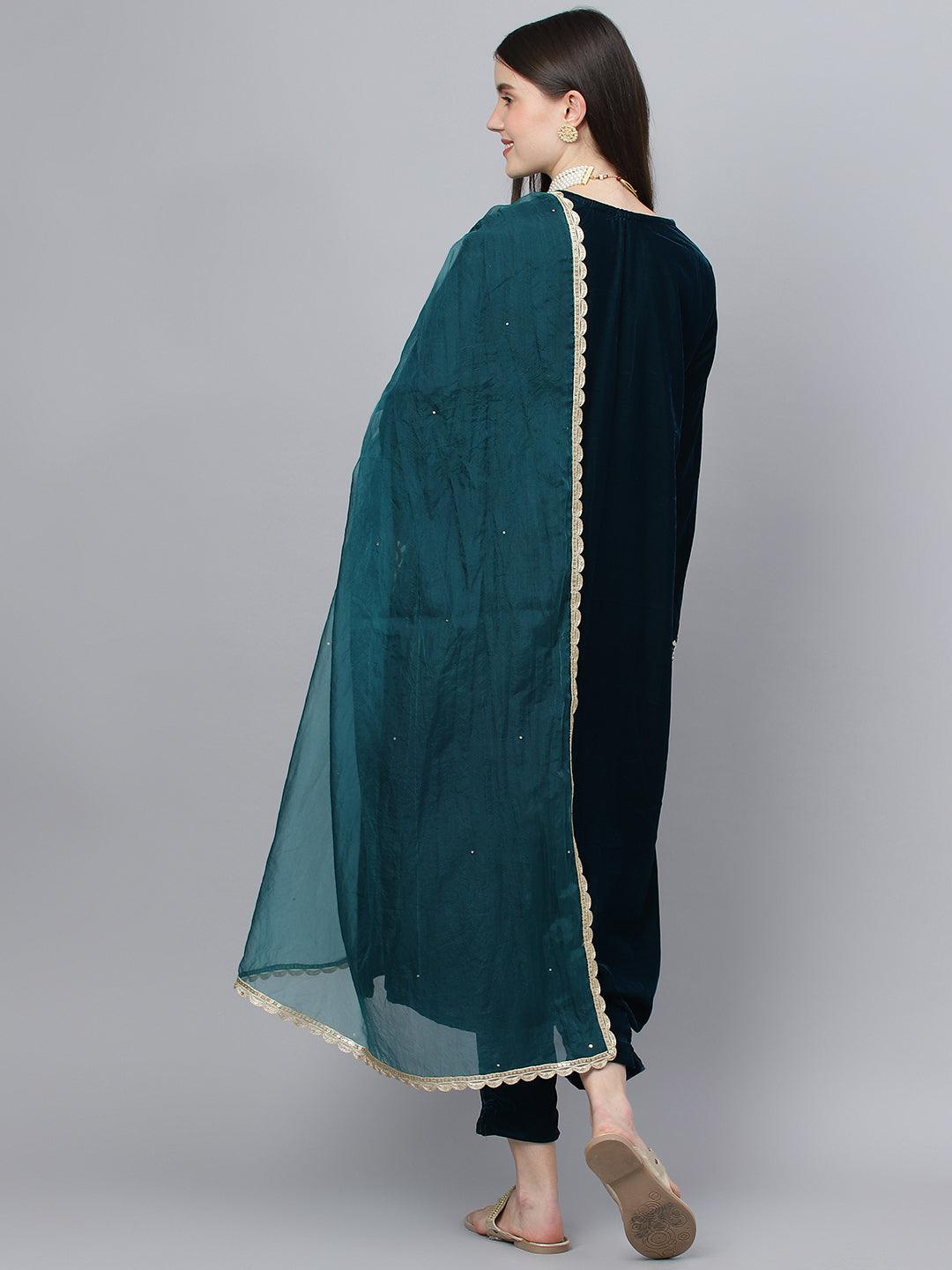 Divena Teal Green Velvet hand work Kurta pant With Organza Dupatta set - divena world-Mohi