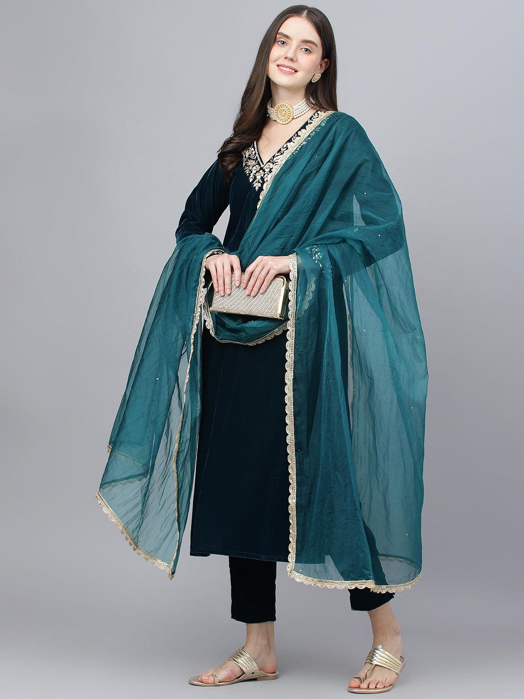 Divena Teal Green Velvet hand work Kurta pant With Organza Dupatta set - divena world-Mohi