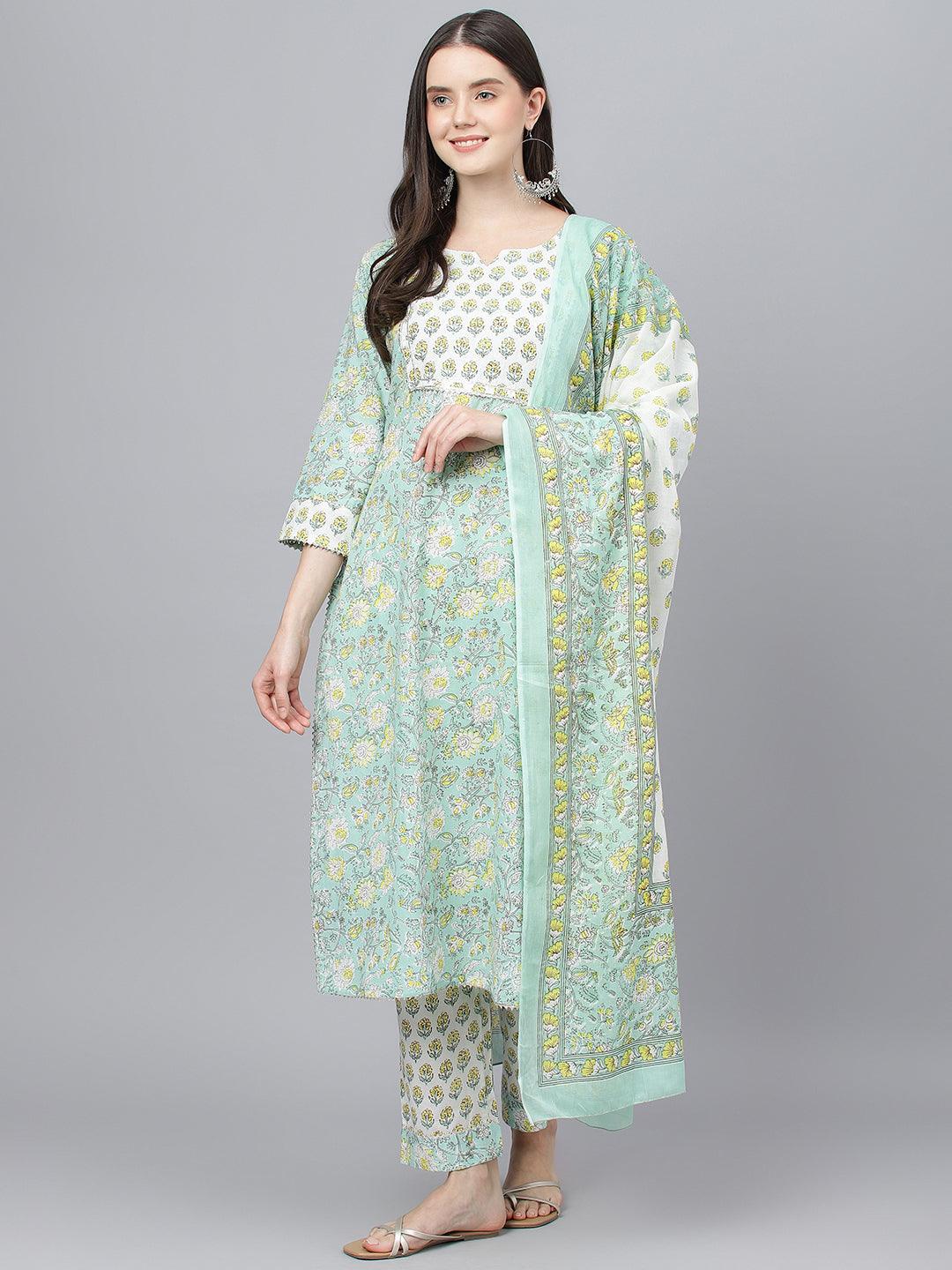 Divena Mint Green Floral Printed Kurta Pant set With Dupatta - divena world-Mohi