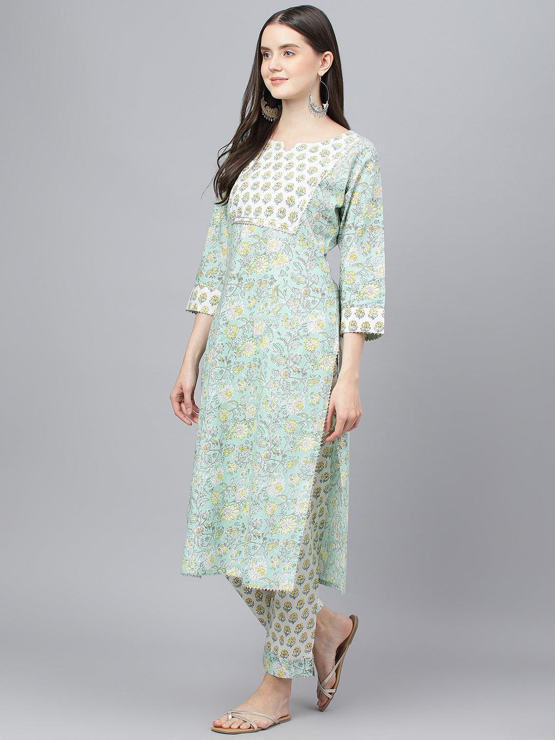 Divena Mint Green Floral Printed Kurta Pant set With Dupatta - divena world-Mohi