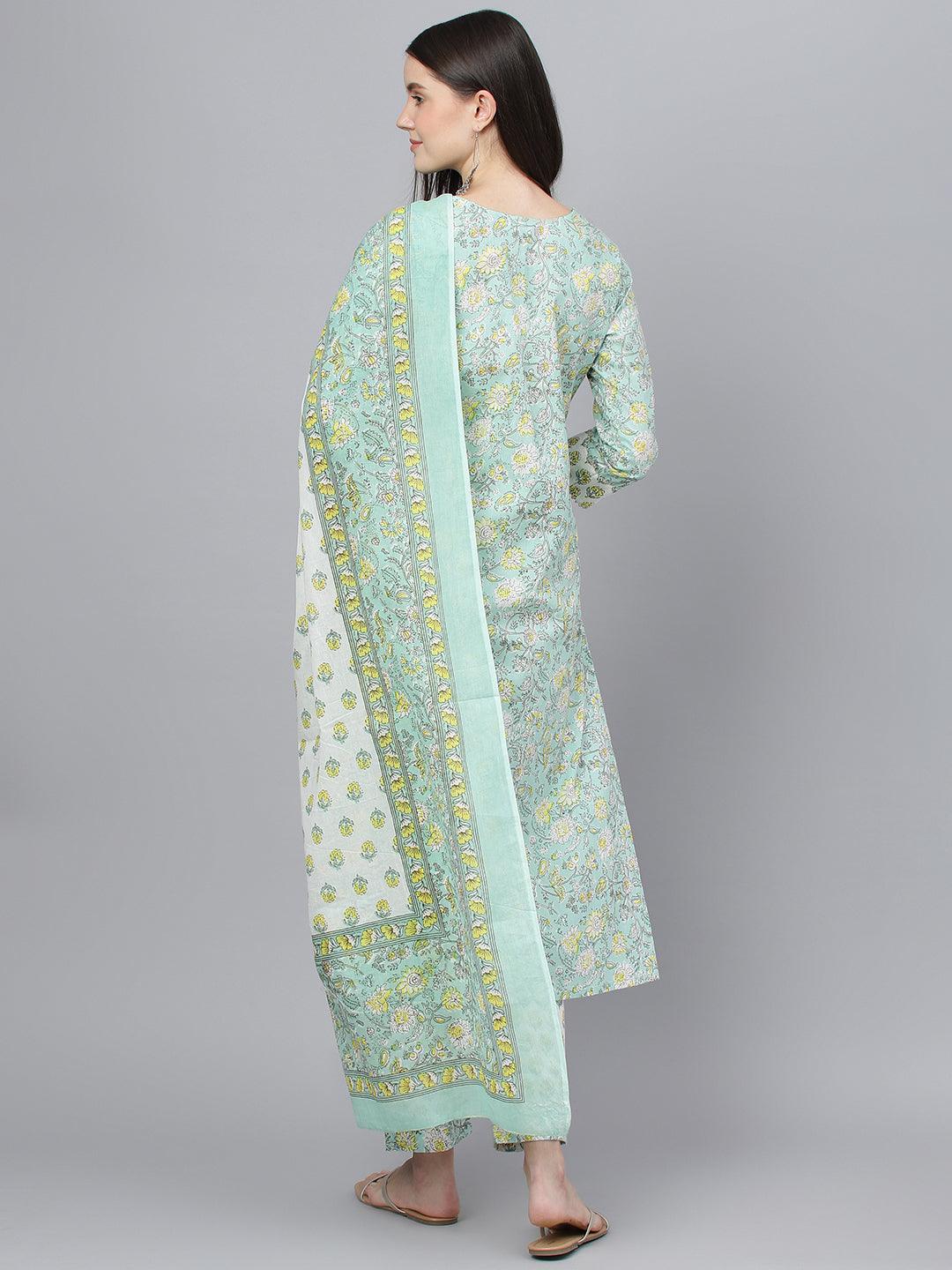 Divena Mint Green Floral Printed Kurta Pant set With Dupatta - divena world-Mohi