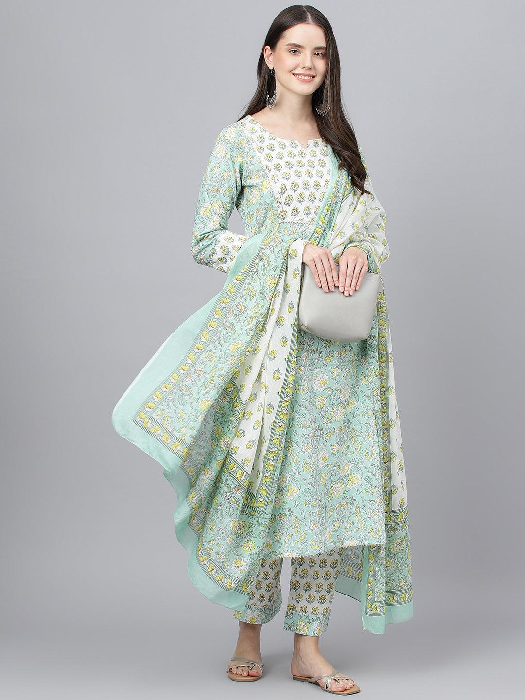 Divena Mint Green Floral Printed Kurta Pant set With Dupatta - divena world-Mohi