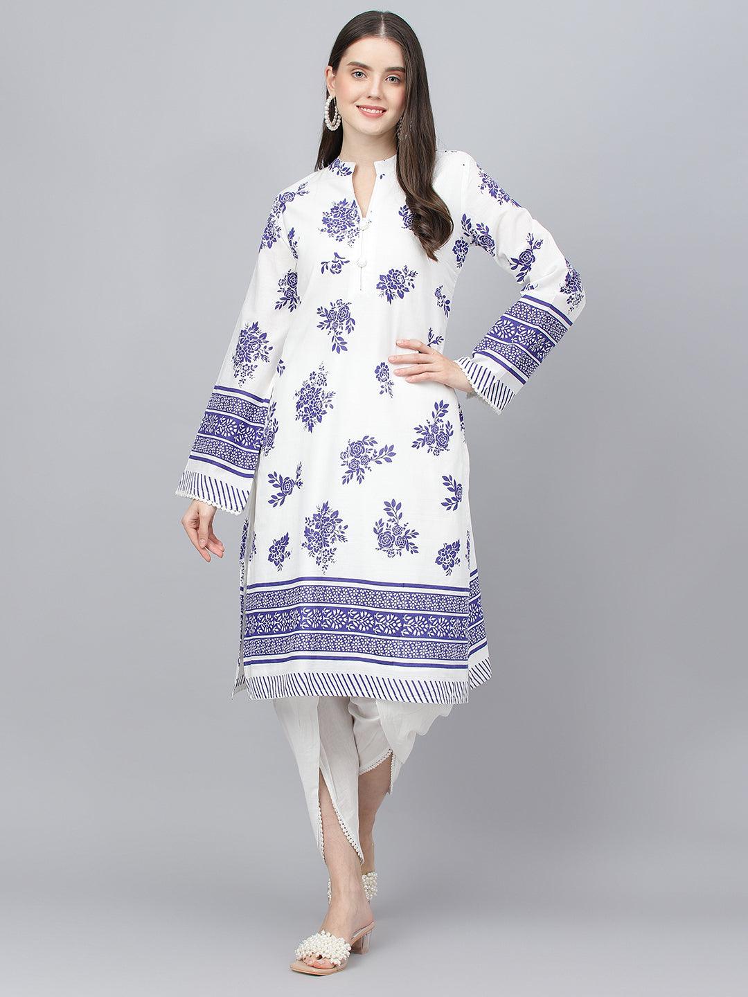 White Floral Printed Tulip Pant and Straight Kurta