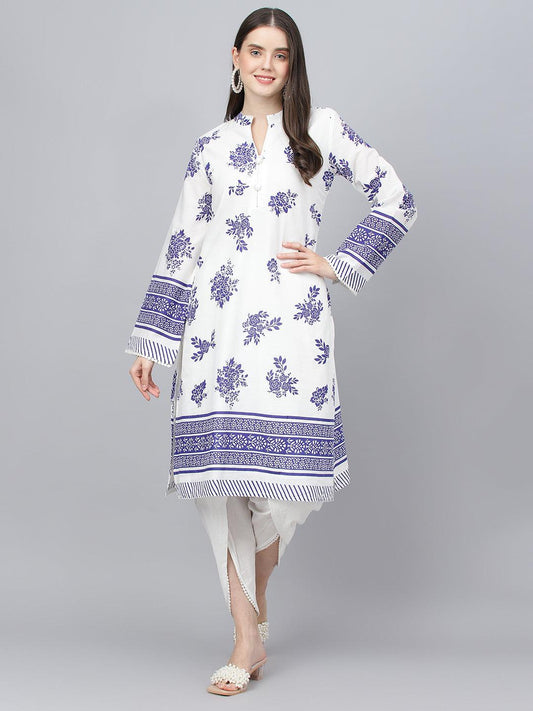 Divena White Floral Printed Straight Kurta With tulip pant - divena world-Mohi