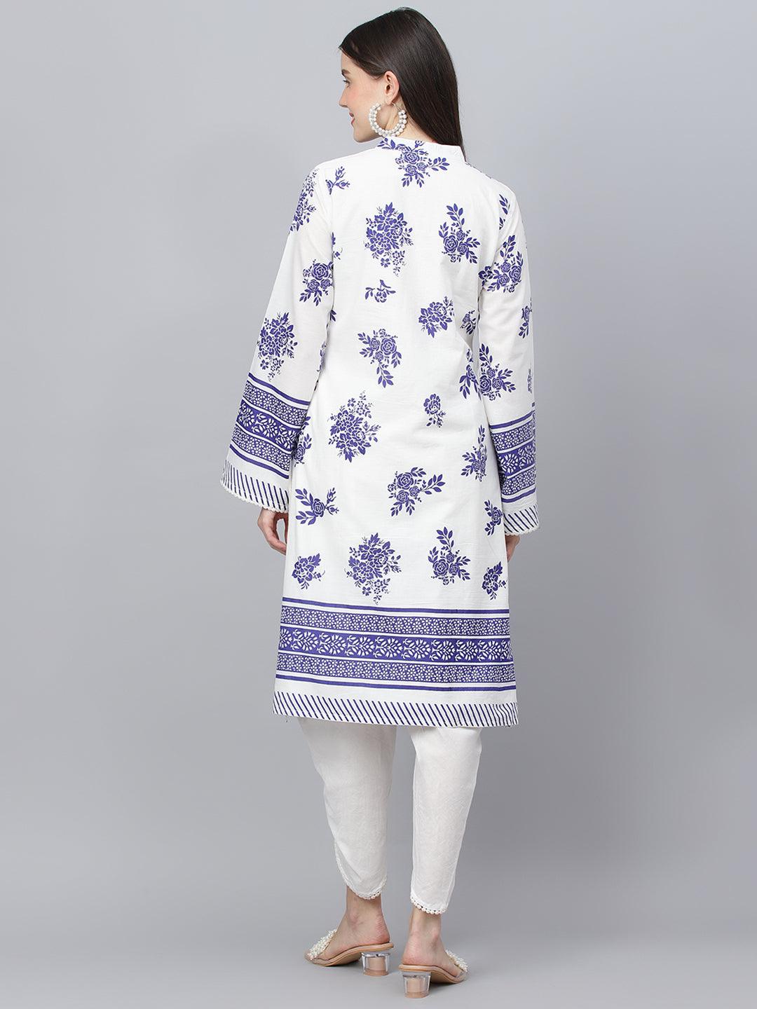 White Floral Printed Tulip Pant and Straight Kurta