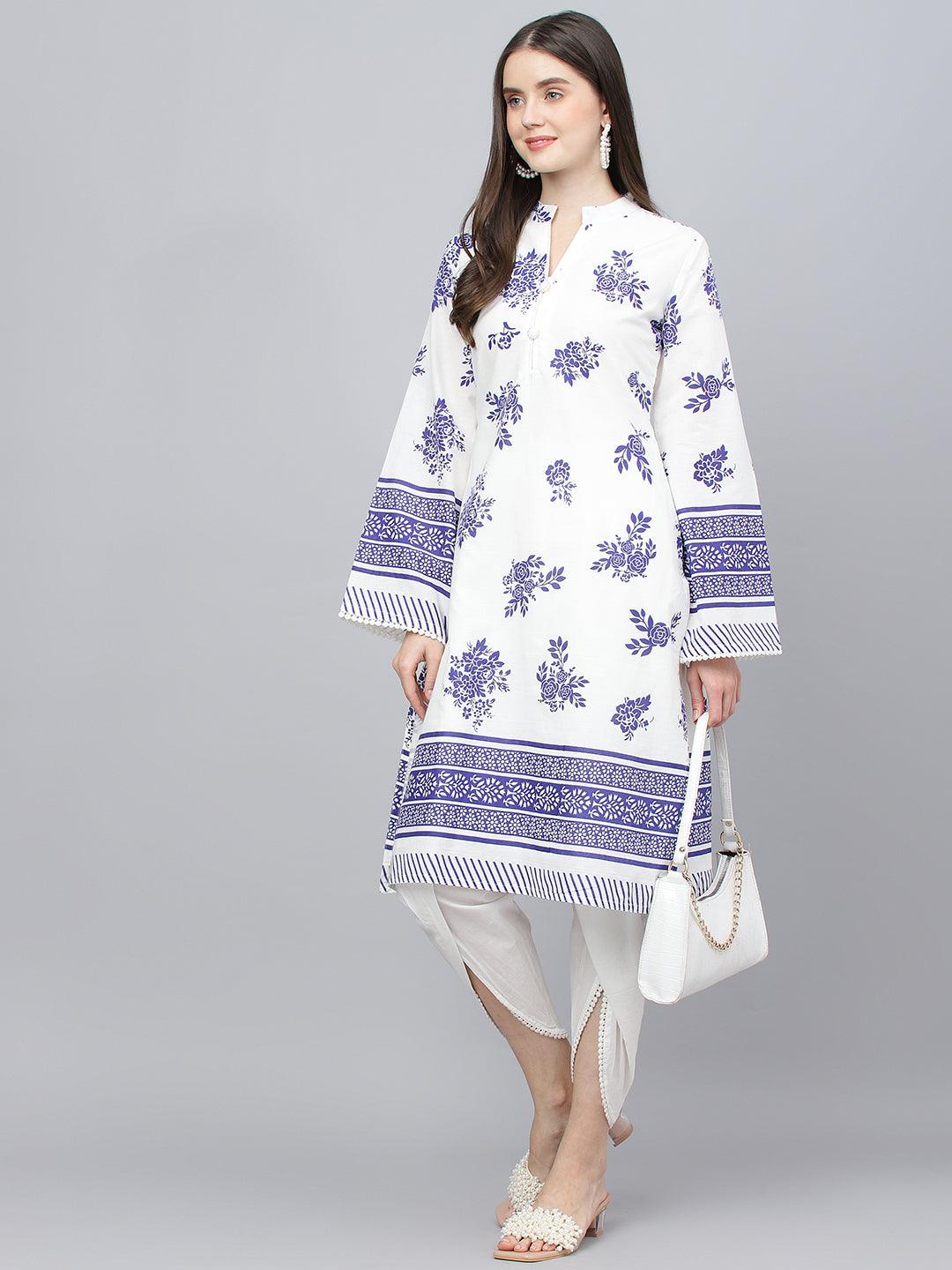 White Floral Printed Tulip Pant and Straight Kurta