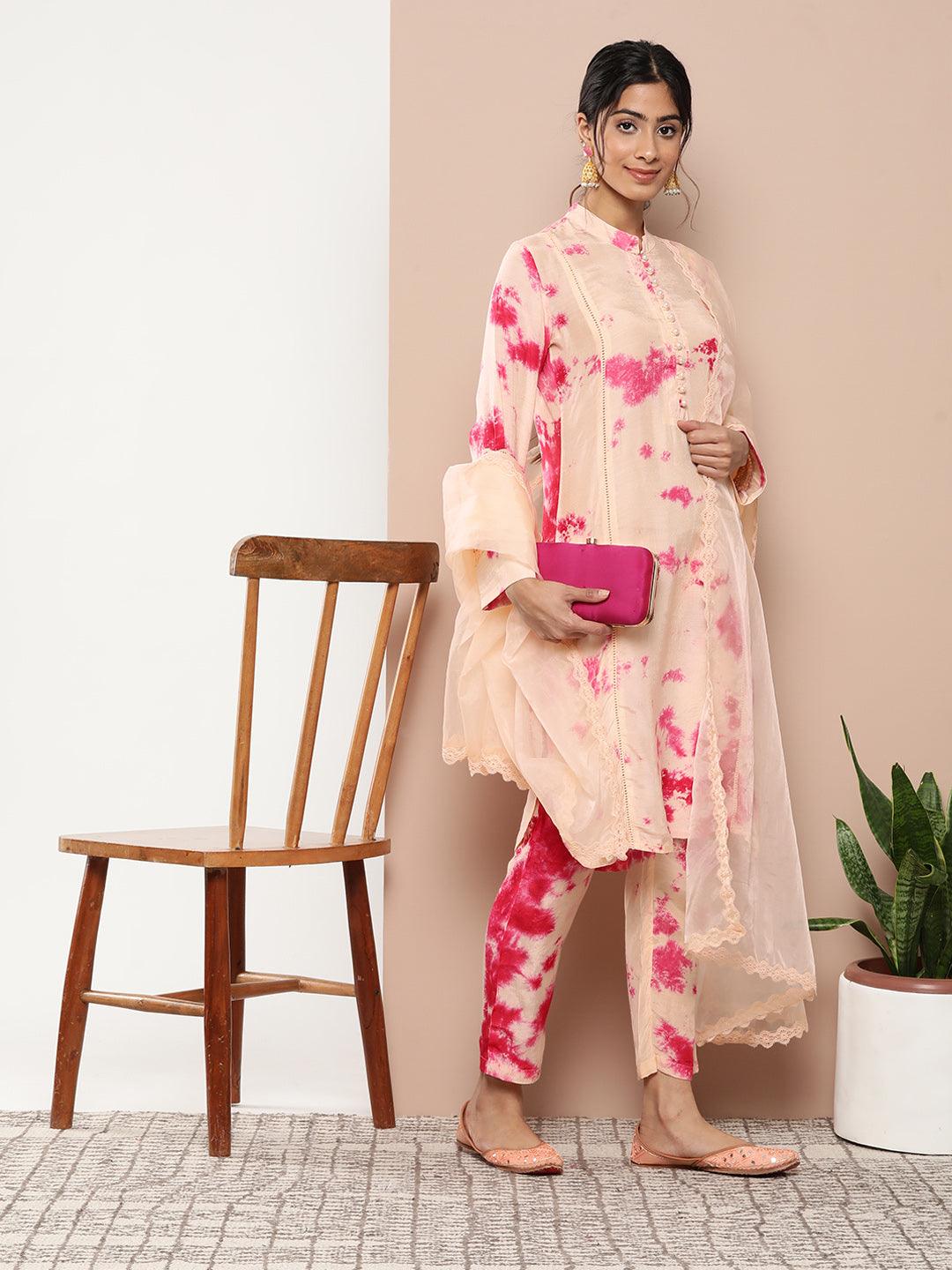 Peach Tie And Dye Printed Kurta Pant Set