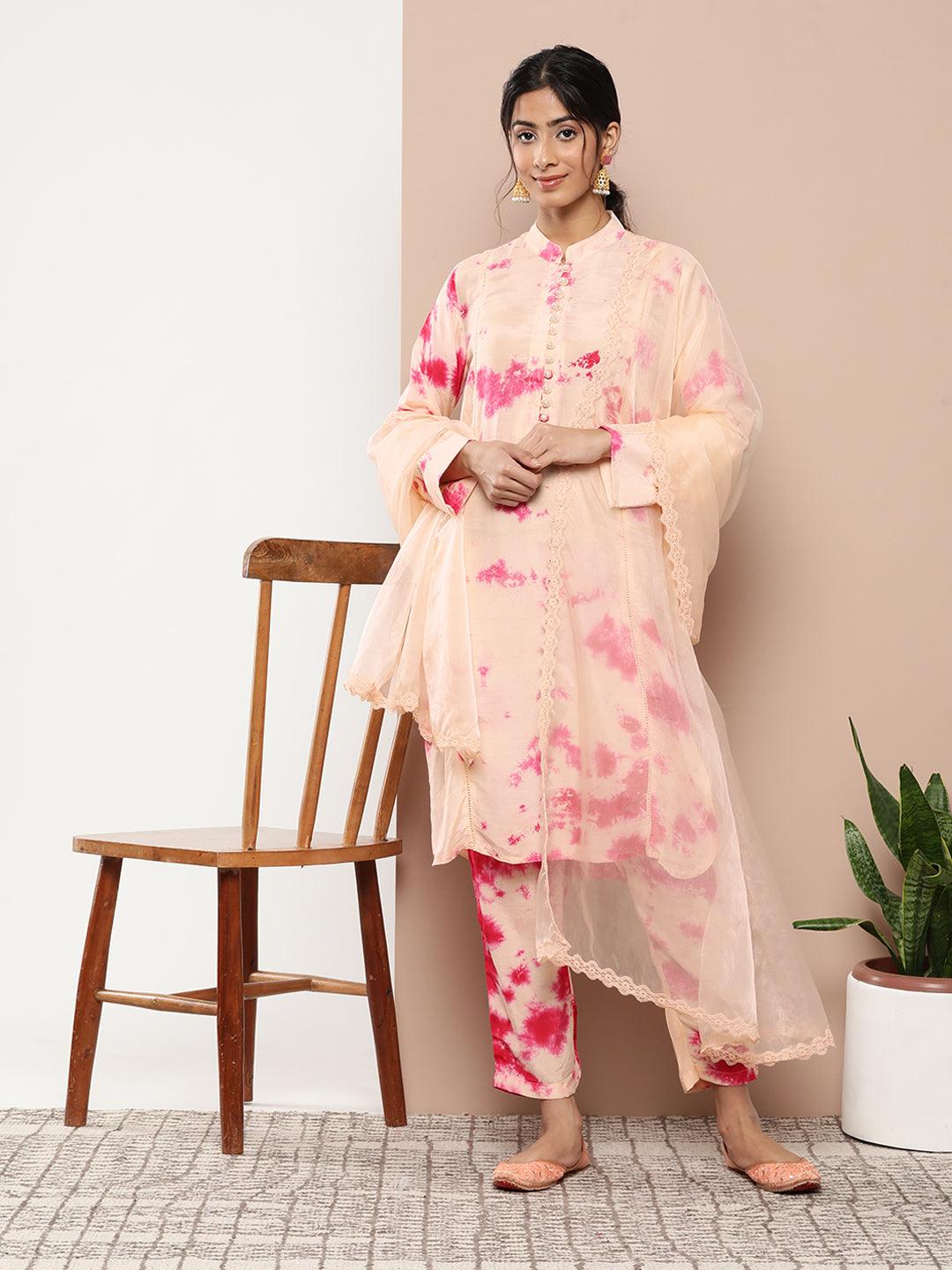 Peach Tie And Dye Printed Kurta Pant Set