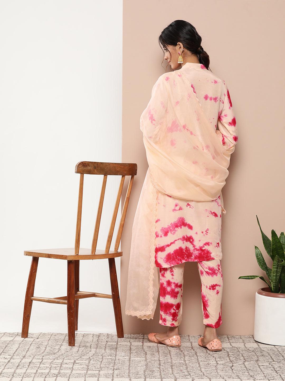 Peach Tie And Dye Printed Kurta Pant Set