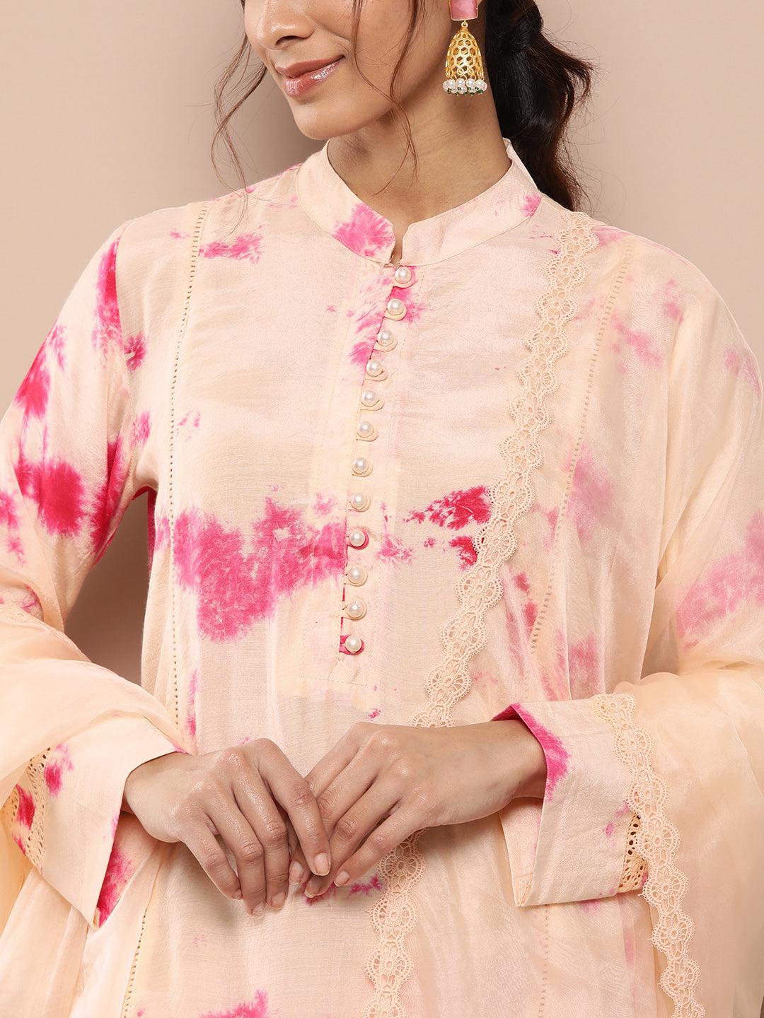 Peach Tie And Dye Printed Kurta Pant Set