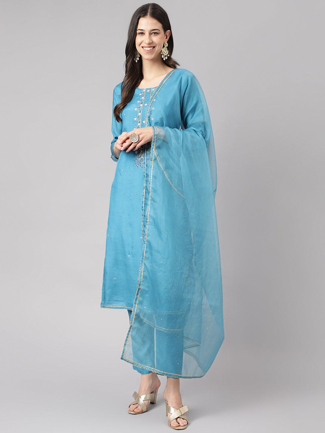 Divena Teal Blue Muslin Embroidary Kurta pant Set with Organza Dupatta - divena world-Mohi