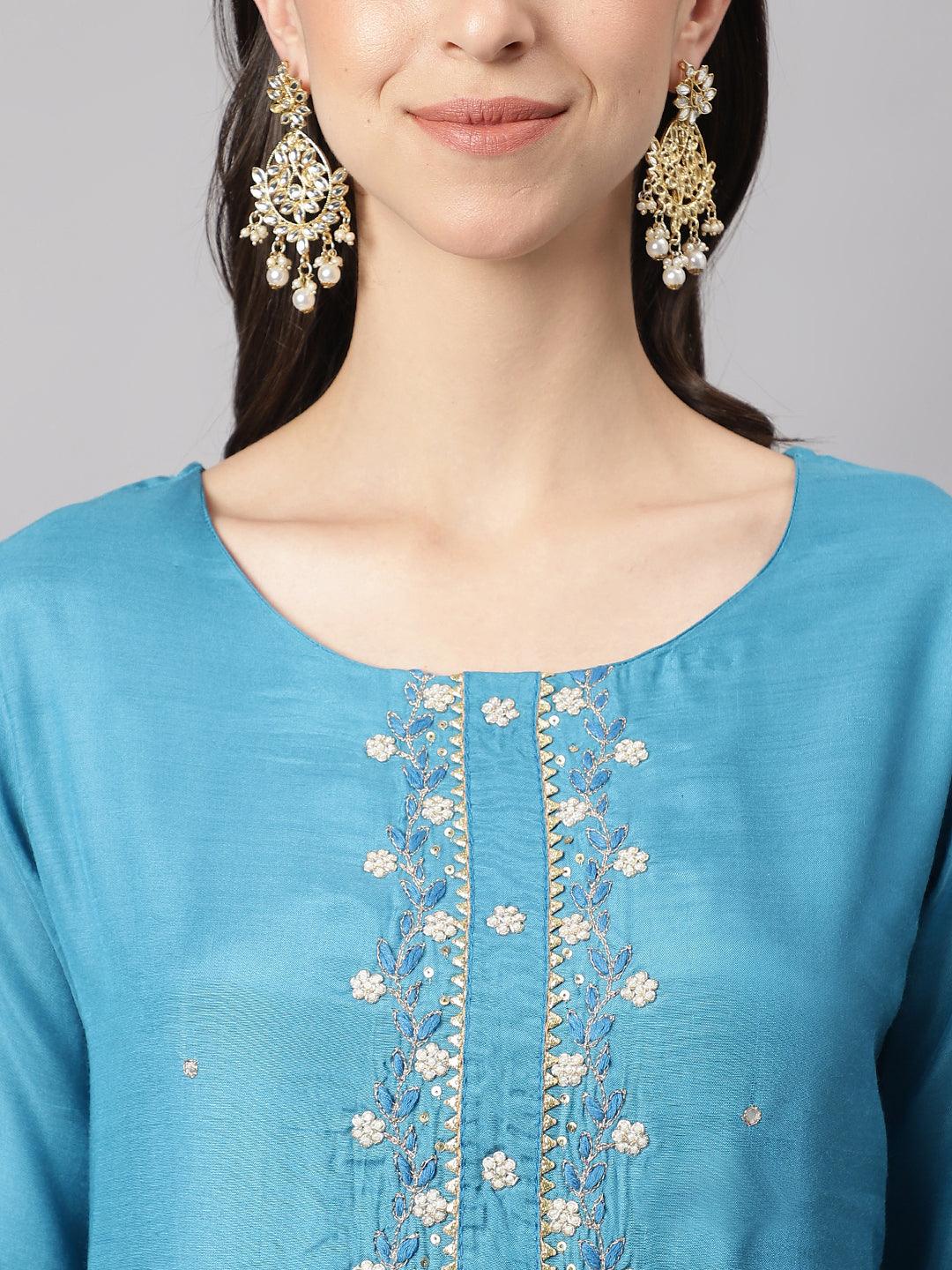 Divena Teal Blue Muslin Embroidary Kurta pant Set with Organza Dupatta - divena world-Mohi