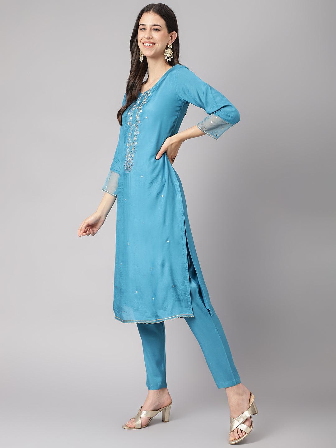 Divena Teal Blue Muslin Embroidary Kurta pant Set with Organza Dupatta - divena world-Mohi