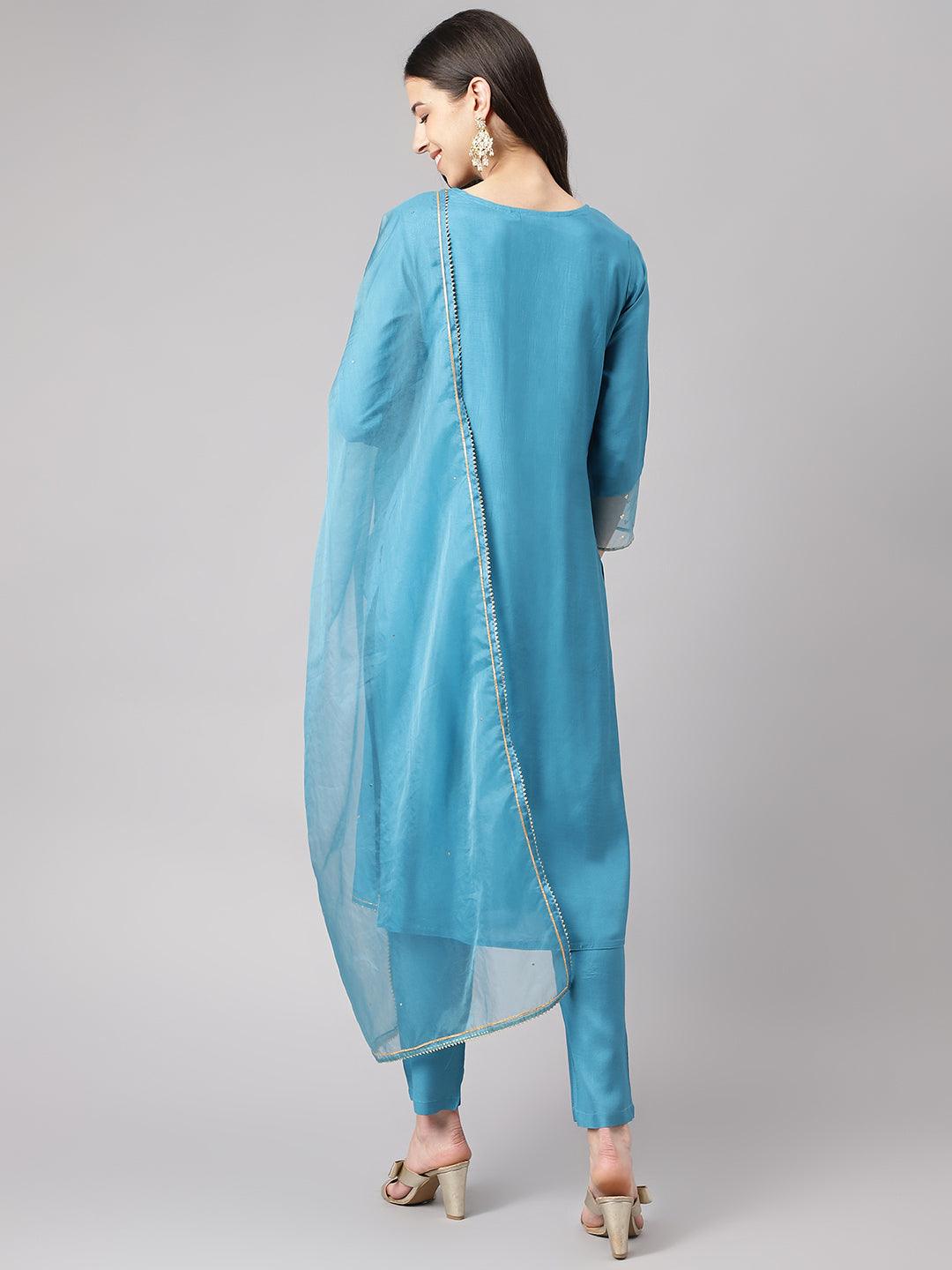 Divena Teal Blue Muslin Embroidary Kurta pant Set with Organza Dupatta - divena world-Mohi