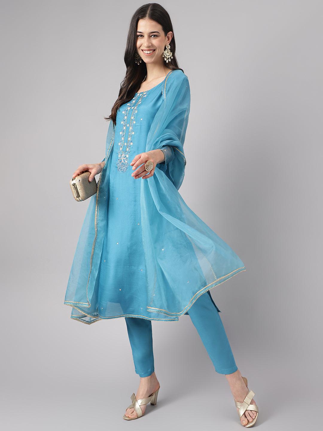 Divena Teal Blue Muslin Embroidary Kurta pant Set with Organza Dupatta - divena world-Mohi