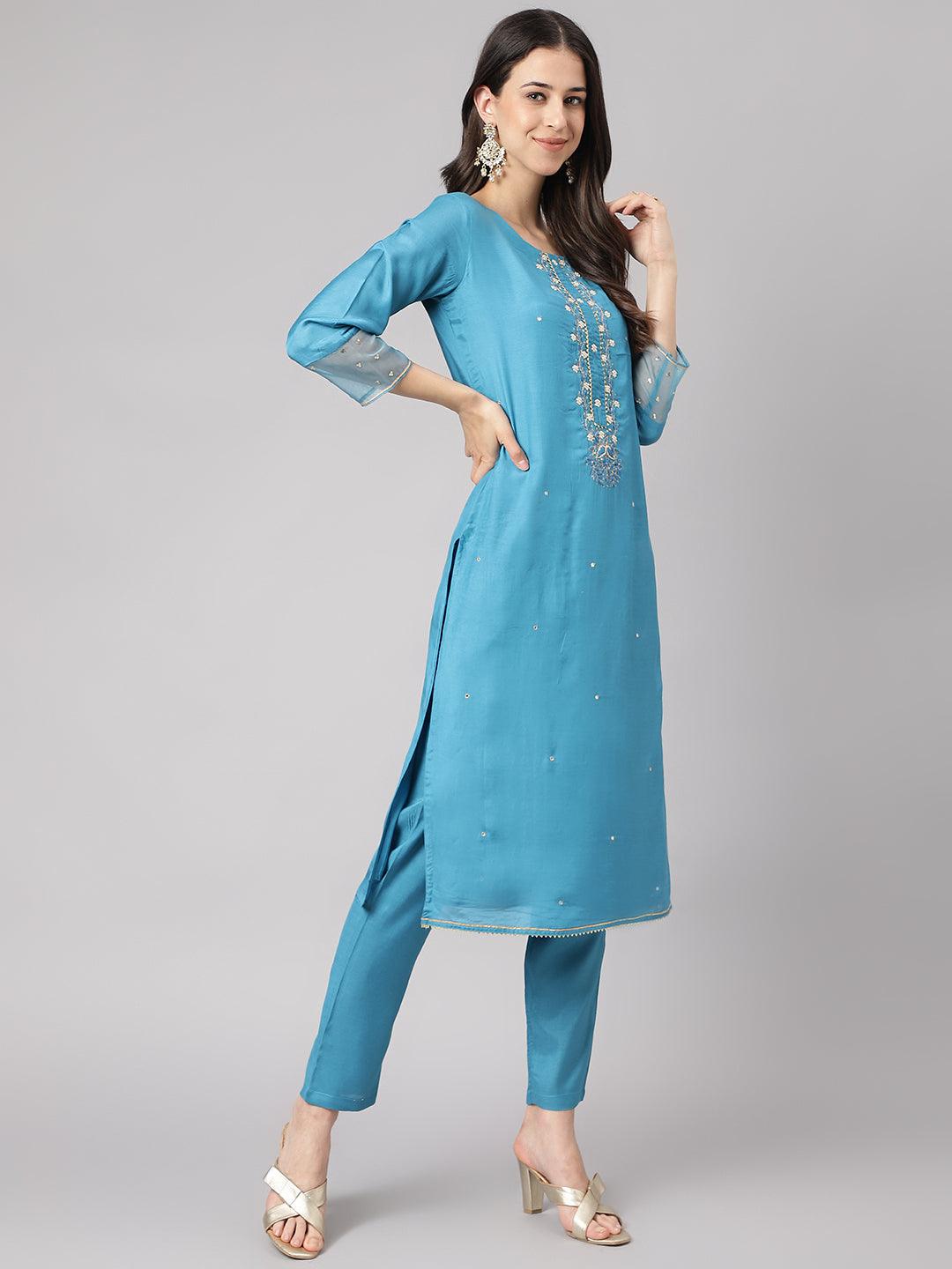 Divena Teal Blue Muslin Embroidary Kurta pant Set with Organza Dupatta - divena world-Mohi