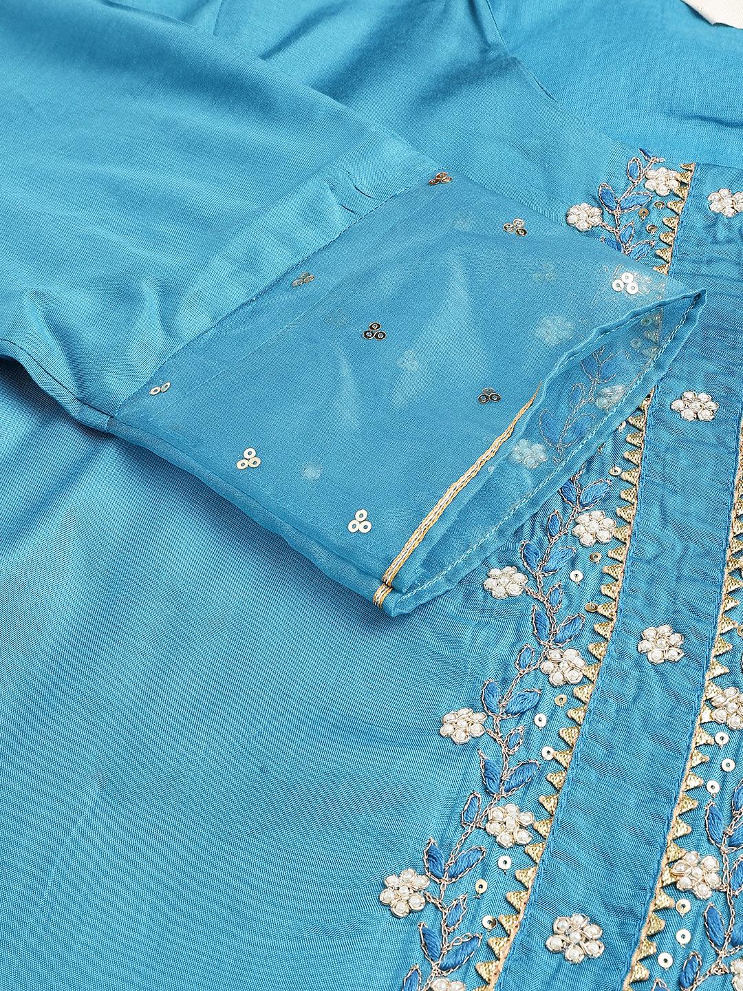 Divena Teal Blue Muslin Embroidery Kurta pant Set with Organza Dupatta - divena world-Mohi