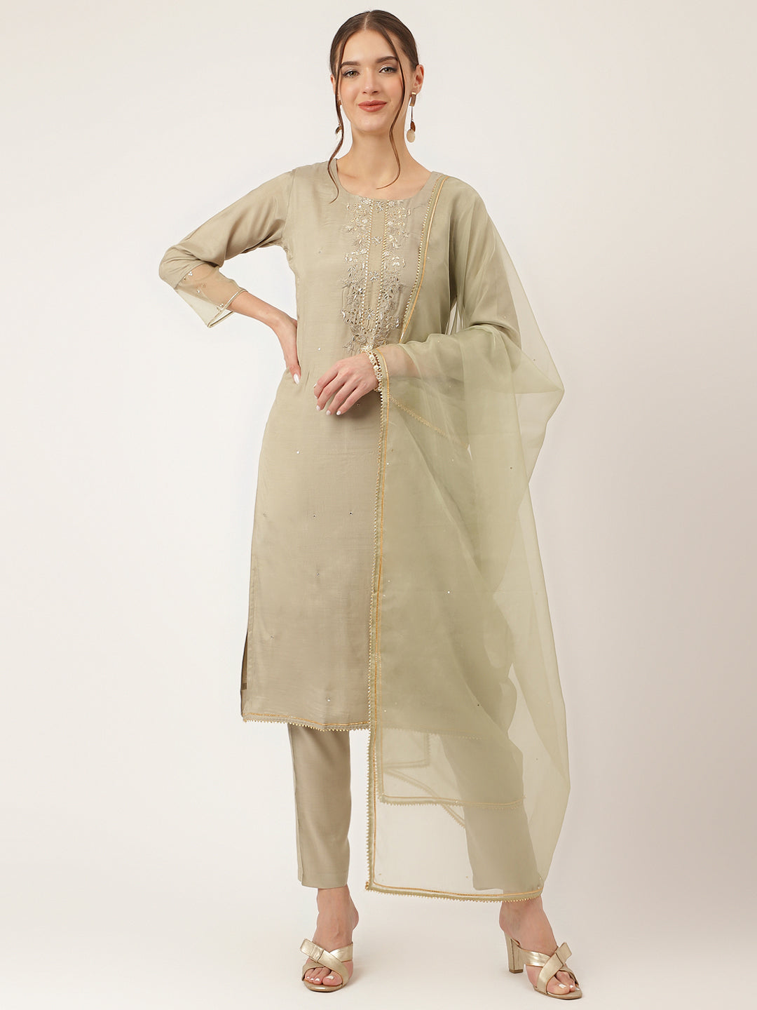 Green Embroidered Chanderi  Kurta, Trouser and Dupatta