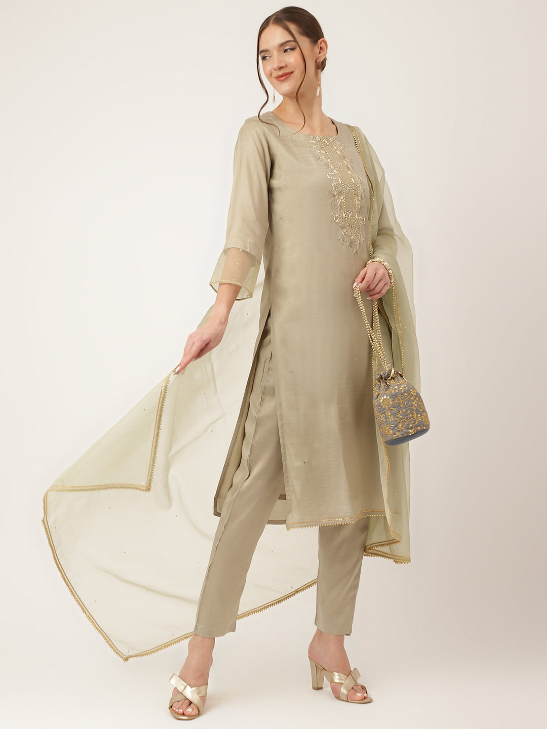 Green Embroidered Chanderi  Kurta, Trouser and Dupatta