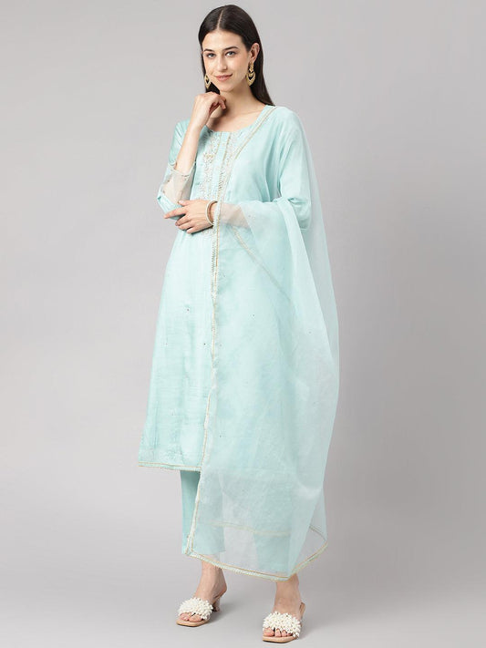 Divena Sea Green Muslin Embroidary Kurta pant Set with Organza Dupatta - divena world-Mohi