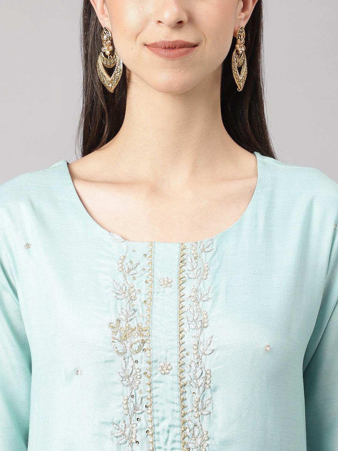 Sea Green Muslin Embroidery Kurta Set