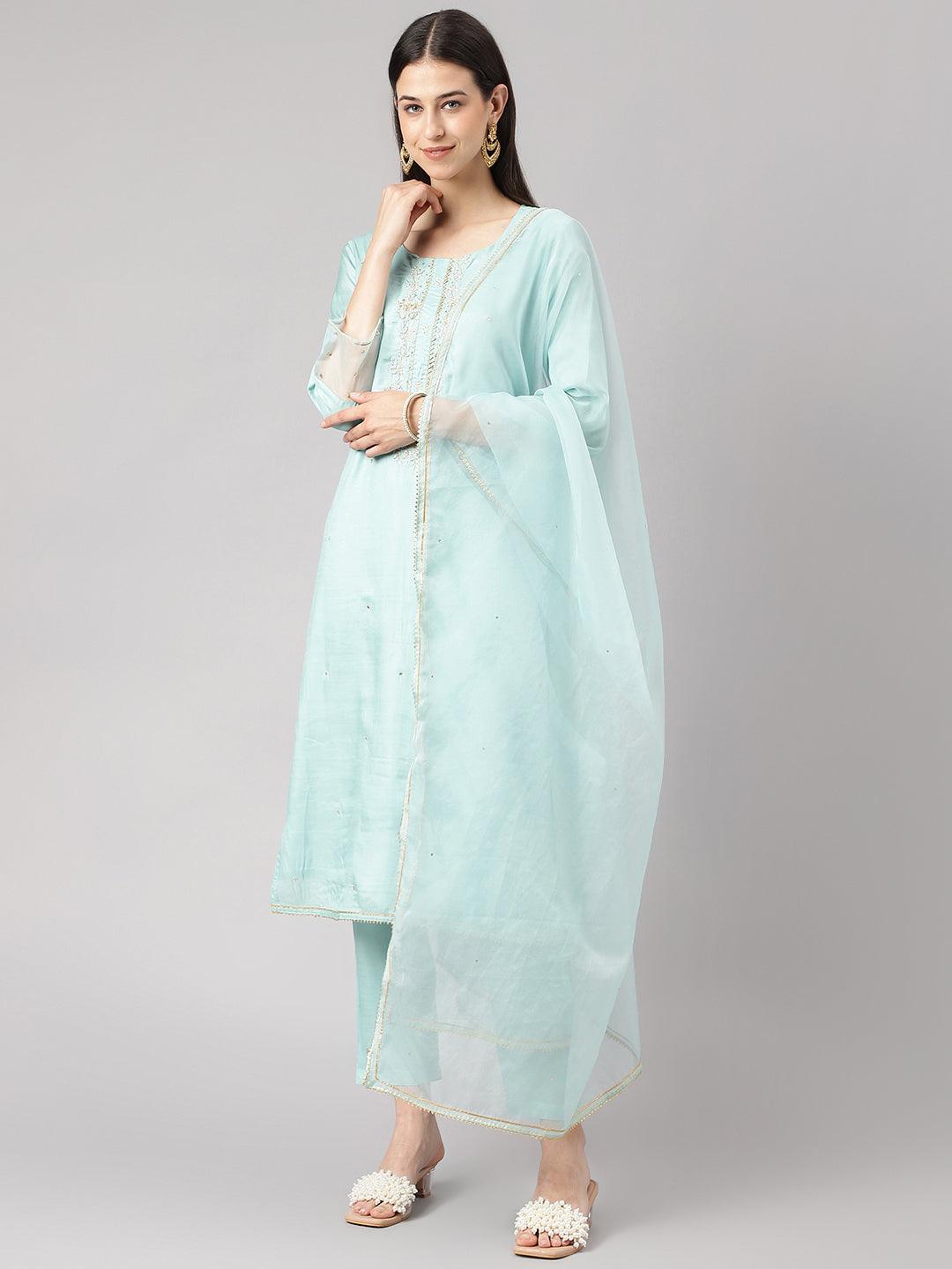 Divena Sea Green Muslin Embroidery Kurta pant Set with Organza Dupatta - divena world-Mohi